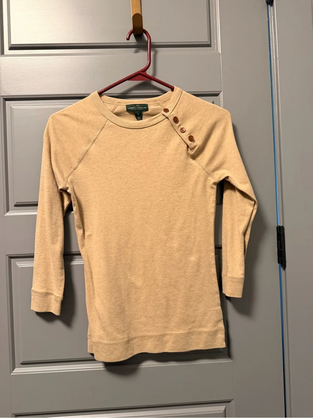 Lauren Ralph Lauren Beige Crewneck 3/4-Sleeve Top with Shoulder Buttons XS